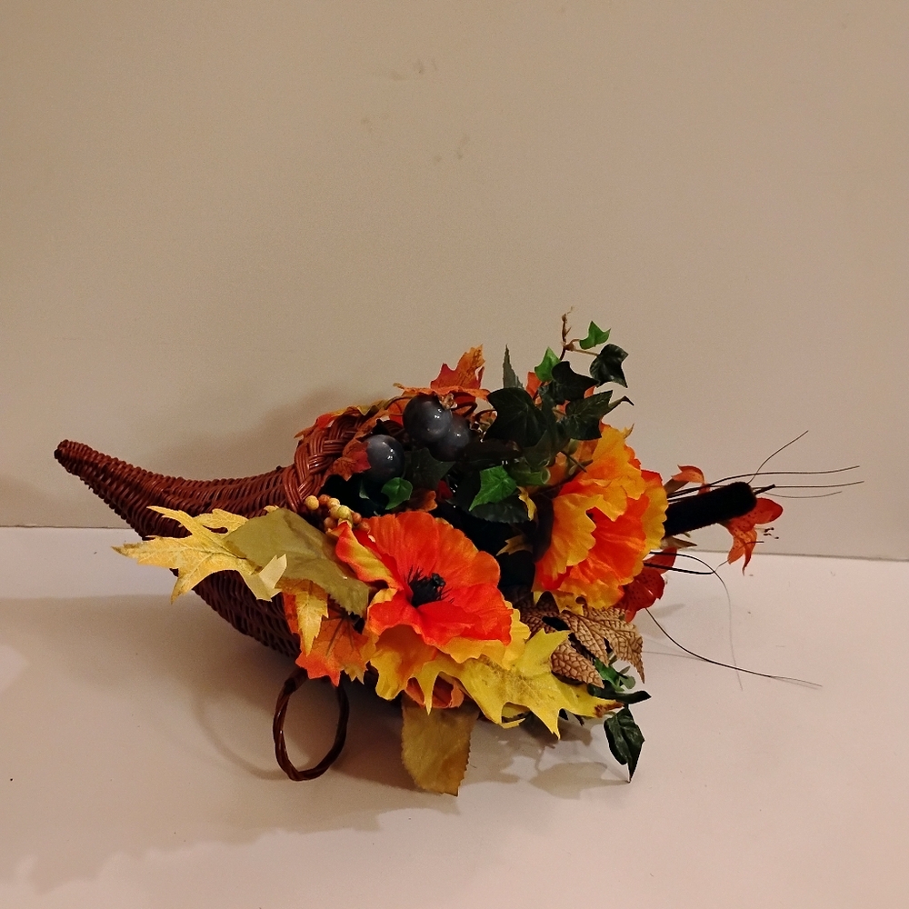 Autumn Cornucopia with Orange & Yellow Accents Of Harvest Flowers Leaves Berries